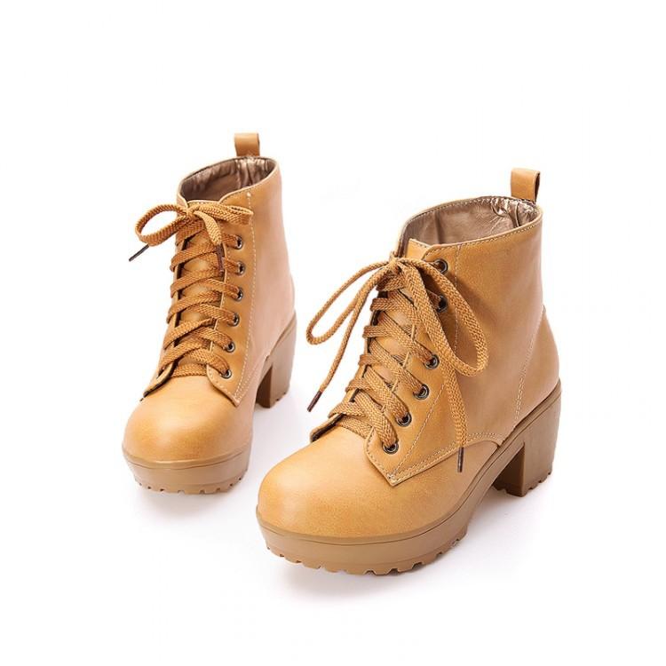 British Round Toe Lace Up Low Chunky Heels Short Boots