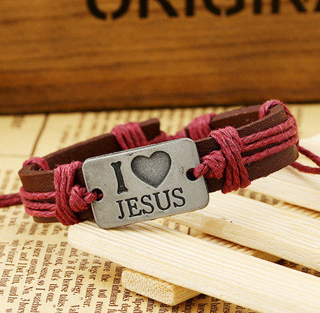 I Love Jesus Alloy Leather Bracelet