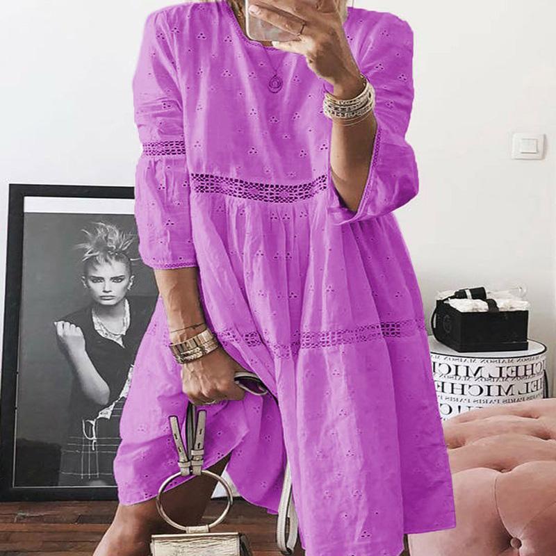 Plus Size Long Sleeve Patchwork Embroidery Loose Dress