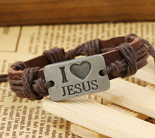 I Love Jesus Alloy Leather Bracelet