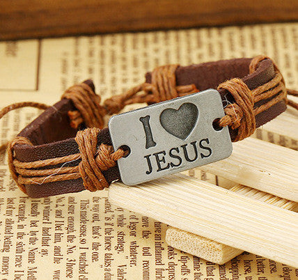 I Love Jesus Alloy Leather Bracelet