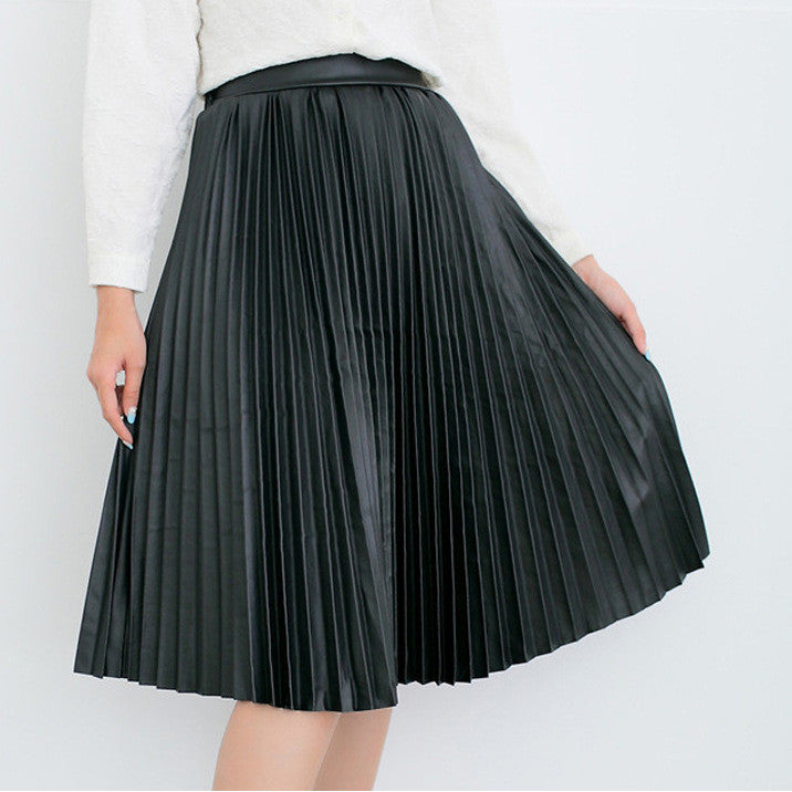 Retro PU High Waist Pleated Knee-Length Skirt