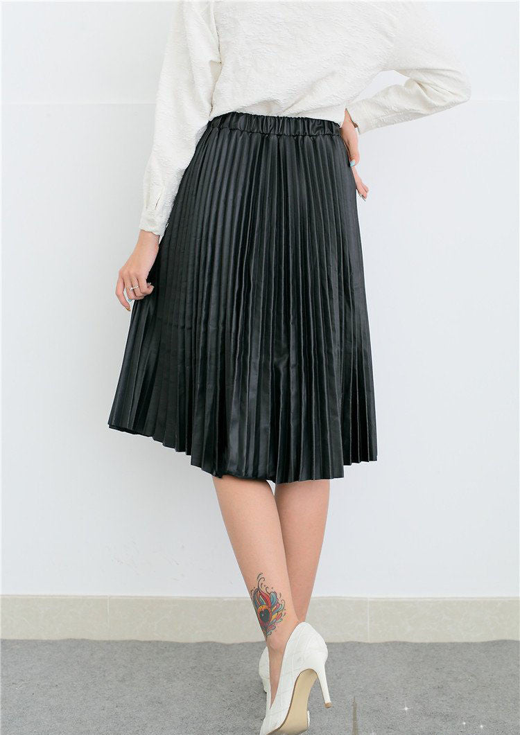 Retro PU High Waist Pleated Knee-Length Skirt
