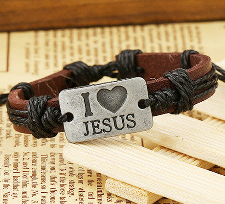I Love Jesus Alloy Leather Bracelet
