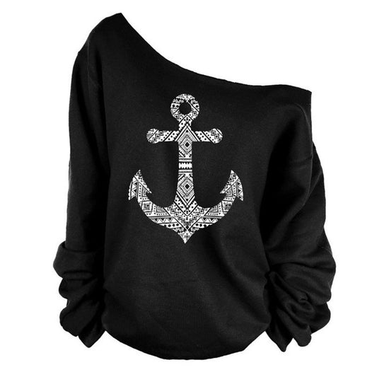 Fashion Anchor Print Skew Neck Sweatshirt T-shirt - May Your Fashion - 1