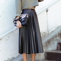 Retro PU High Waist Pleated Knee-Length Skirt