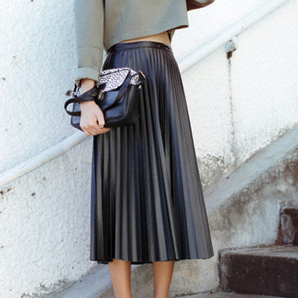 Retro PU High Waist Pleated Knee-Length Skirt