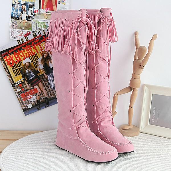 Tassels Lace UP Round Toe Suede Flat Knee-length Long Boots