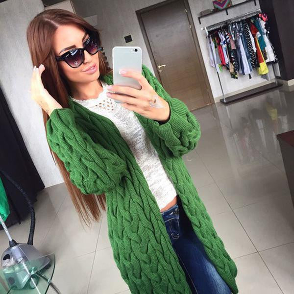 Cable Cardigan Long Knit Loose Solid Thick Sweater - May Your Fashion - 1