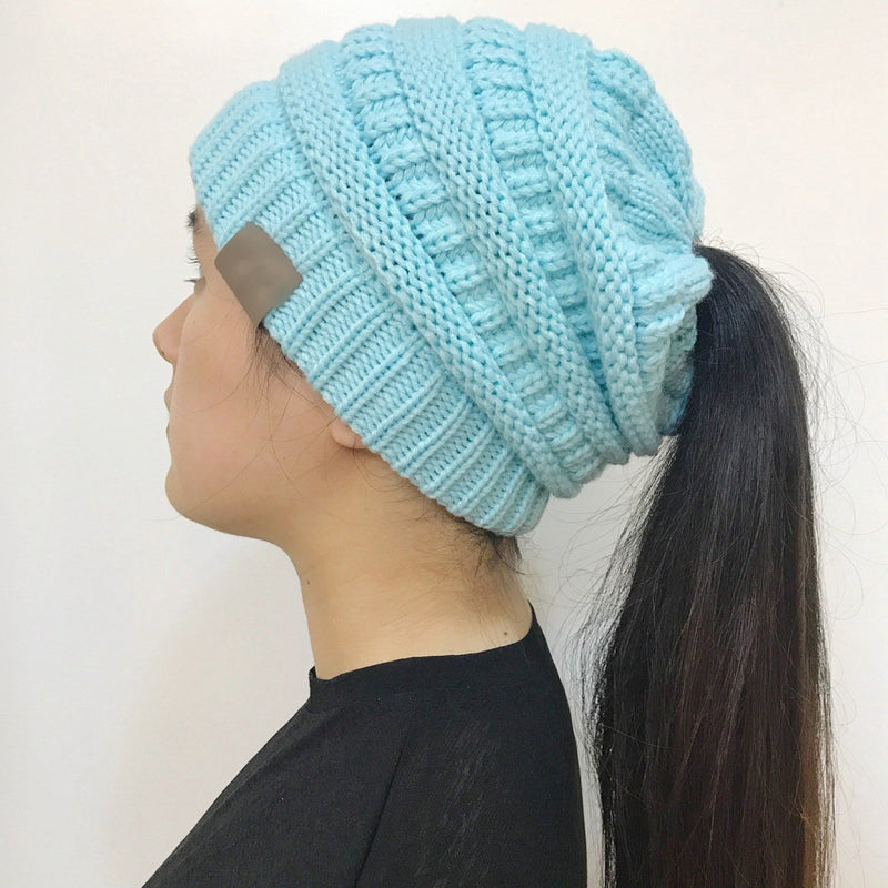 Women's Winter Outdoor Warm Wool Hat Empty Top Horsetail Knitted Hat