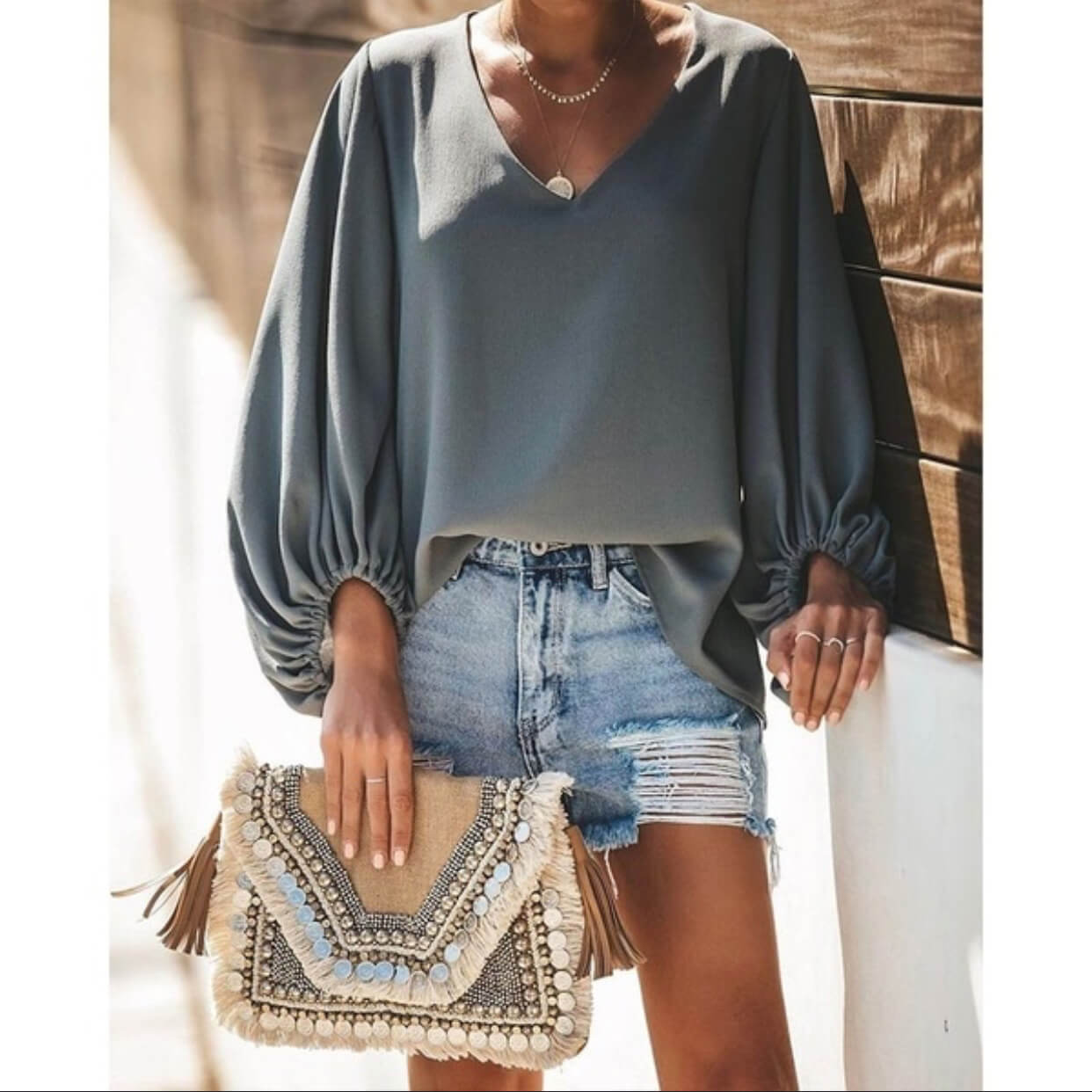 V-neck Loose Long Lantern Sleeves Blouse