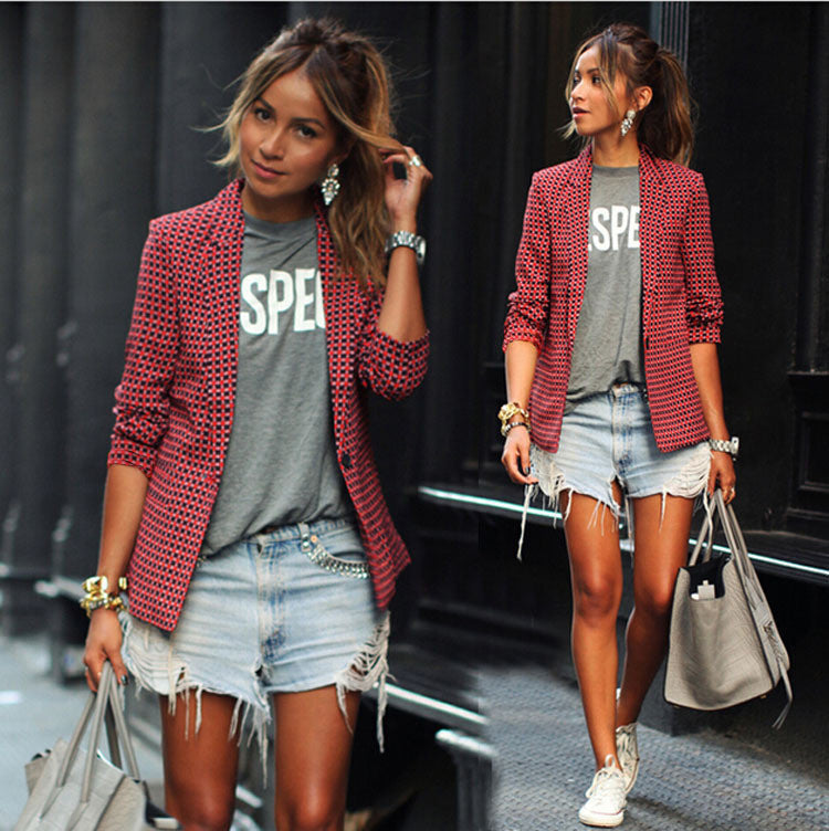 Red Plaid LapeL Long Sleeve Short Blazer Coat - May Your Fashion - 2