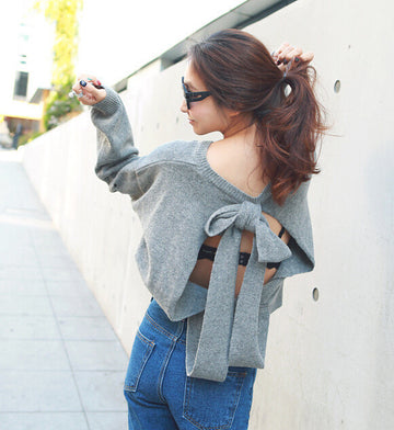 Backless Bow Tie Hollow Knit Pullover Sweater - May Your Fashion - 3
