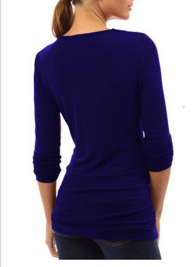 Scoop Long Sleeves Button Sheath Pure Color Blouse