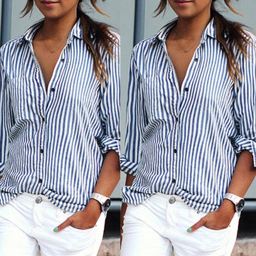 Striped Turn-down Collar Long Sleeves Casual Plus Size Blouse - May Your Fashion - 2