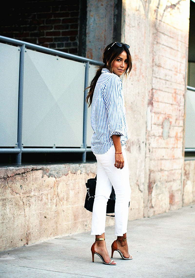 Striped Turn-down Collar Long Sleeves Casual Plus Size Blouse - May Your Fashion - 4