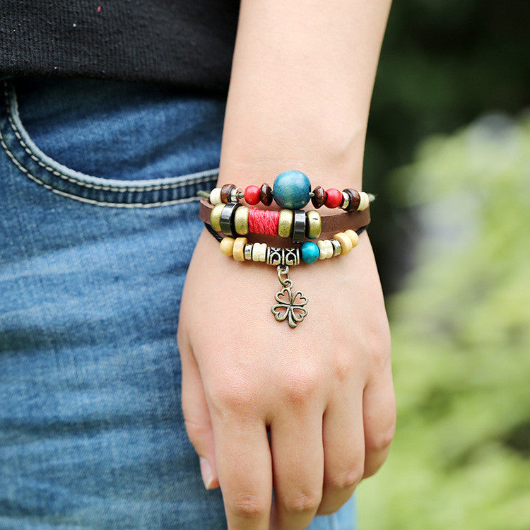 Clover Pendant Color Beads Leather Bracelet