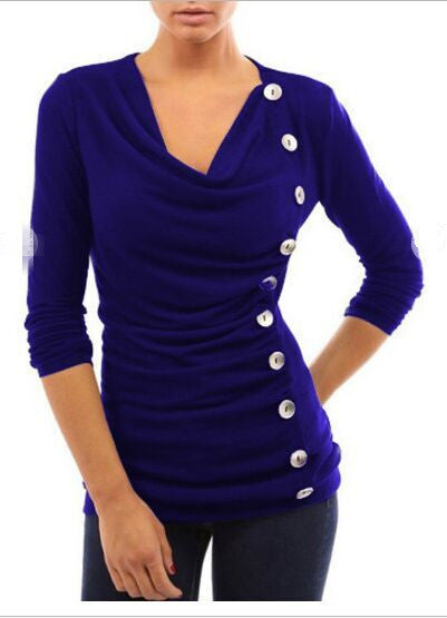 Scoop Long Sleeves Button Sheath Pure Color Blouse