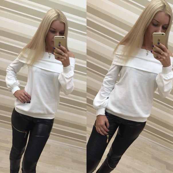 Off-shoulder Strapless Long Sleeves Pure Color Casual Blouse - May Your Fashion - 6