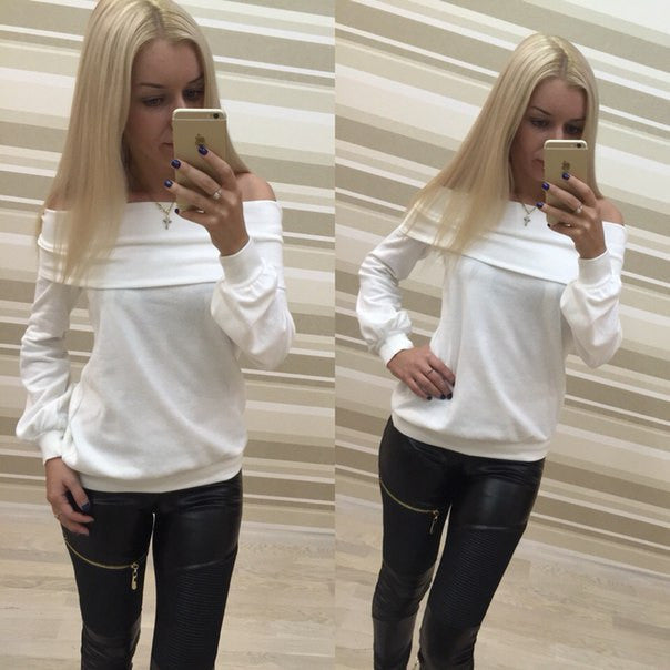 Off Shoulder Pure Color Long Sleeves Loose T-shrit Sweatshirt