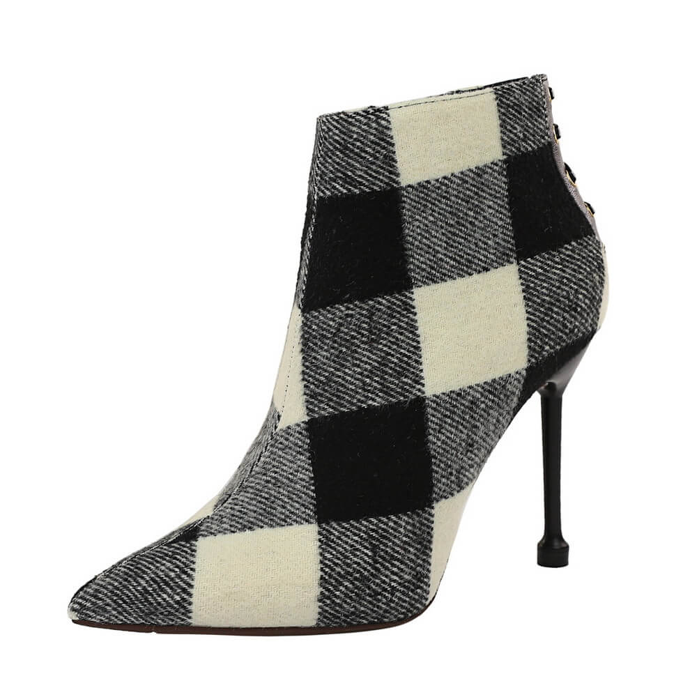 Plaid Point Toe Fabric High Heel Ankle Boots