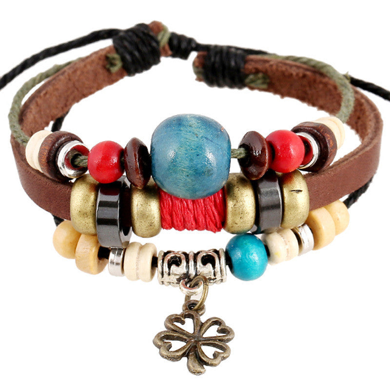 Clover Pendant Color Beads Leather Bracelet