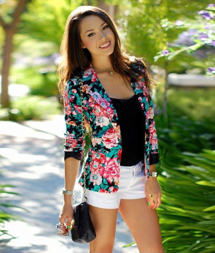 Turn-down Collar Slim Flower Print Fashion Short Coat