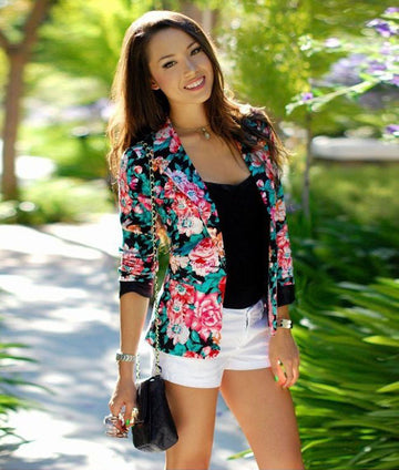 Turn-down Collar Slim Flower Print Fashion Short Coat