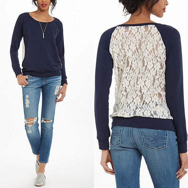 Back Lace Patchwork Scoop Long Sleeves Sweatshirt