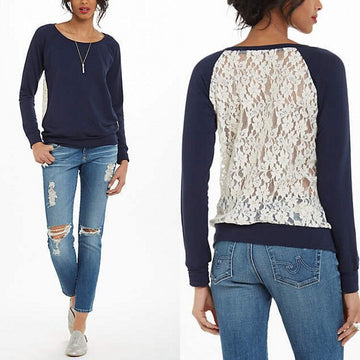 Back Lace Patchwork Scoop Long Sleeves Sweatshirt