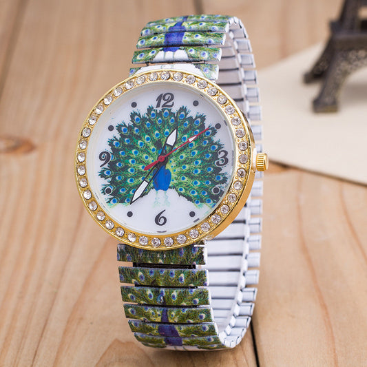Peacock Print Dial Elastic Belt Watch