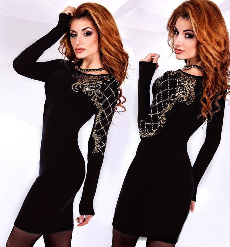 Scoop Slim Long Sleeve Print Black Short Dress