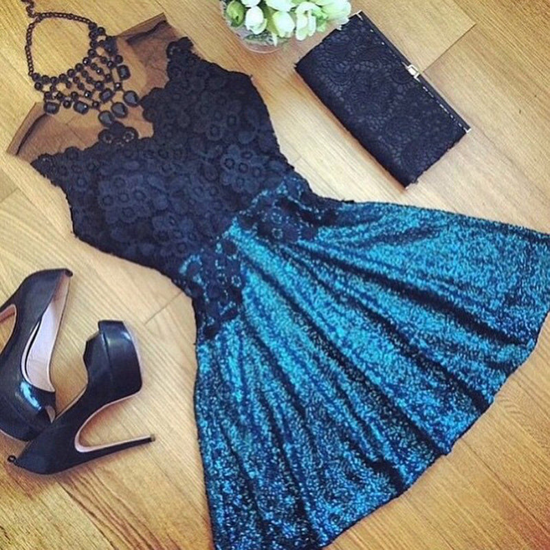 Sexy Lace Stitching Perspective Backless Sleeveless Short Dress