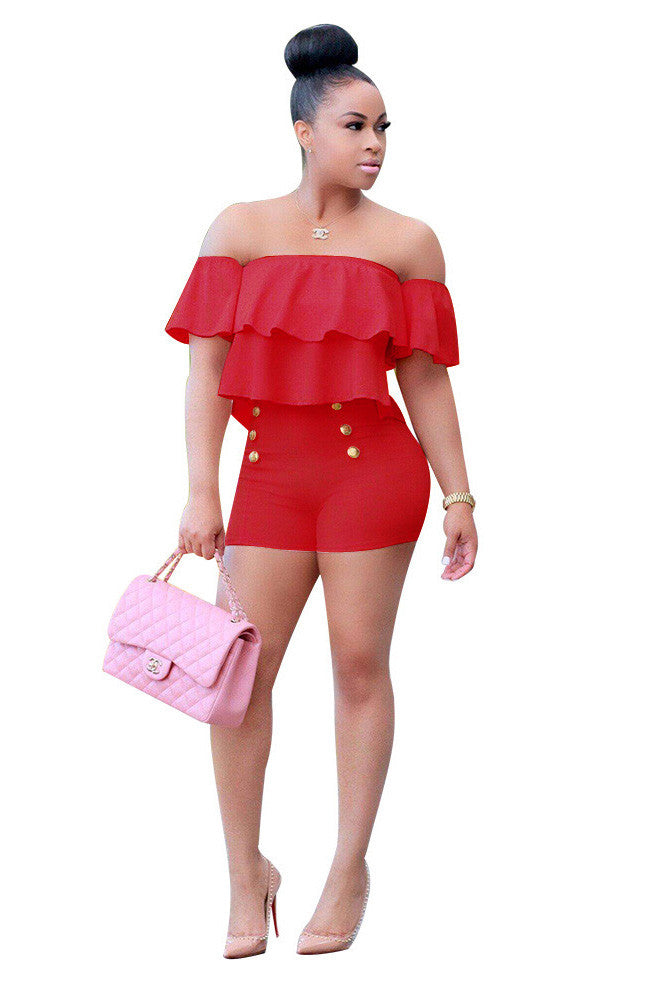 Pure Color Ruffles Strapless Short Sleeves Short Jumpsuit