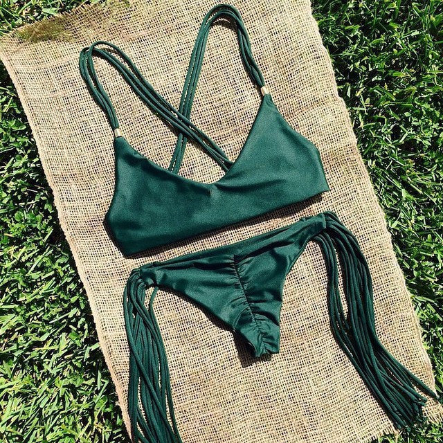 Pure Color Cross Spaghetti Strap Tassels Bikini Set