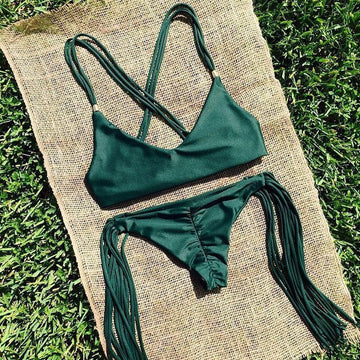 Pure Color Cross Spaghetti Strap Tassels Bikini Set