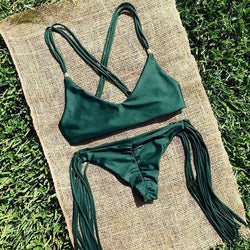 Pure Color Cross Spaghetti Strap Tassels Bikini Set