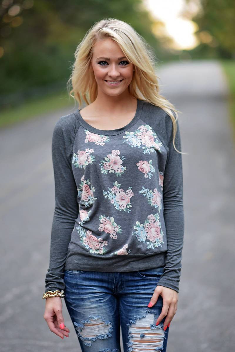 Scoop Flower Print Patchwork Long Sleeves Blouse