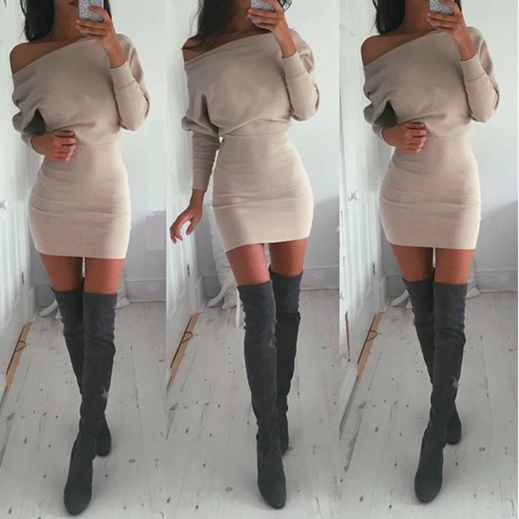 Bodycon Boat Neck Long Sleeves Short Dress - Meet Yours Fashion - 1