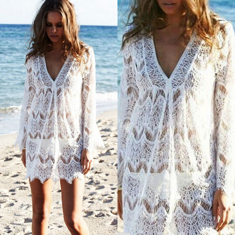 Lace V-neck Long Sleeve Short Bikini Cover Up Dress