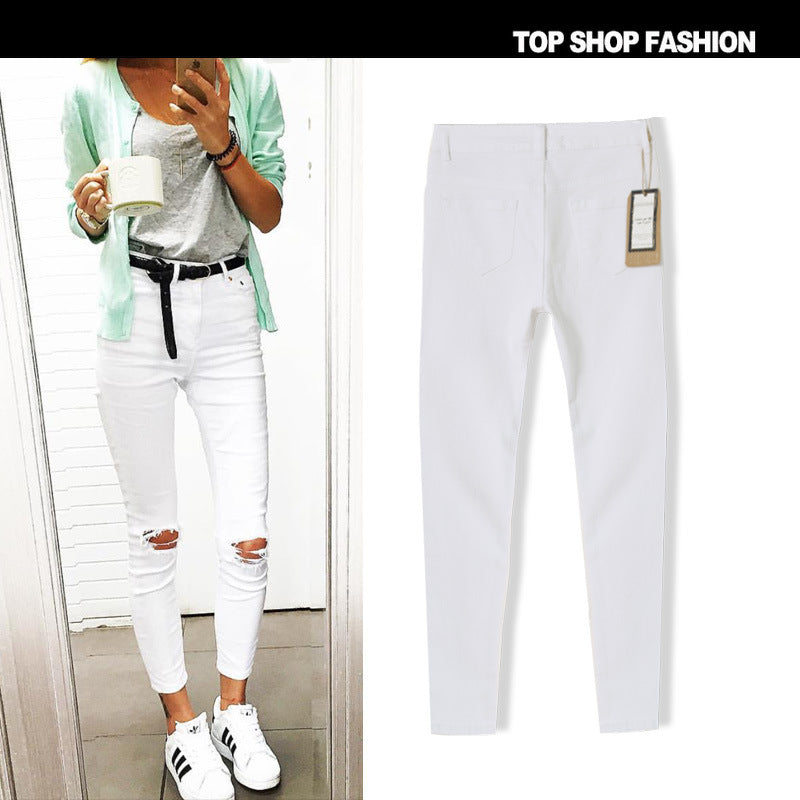 Cut Out Knee Holes Solid Color Long Skinny Pants