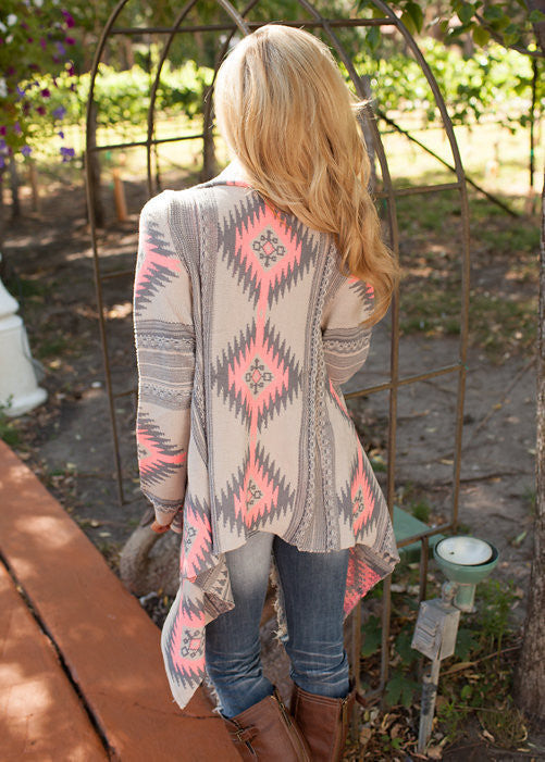 Shawl Collar Asymmetric Print Cardigan Sweater