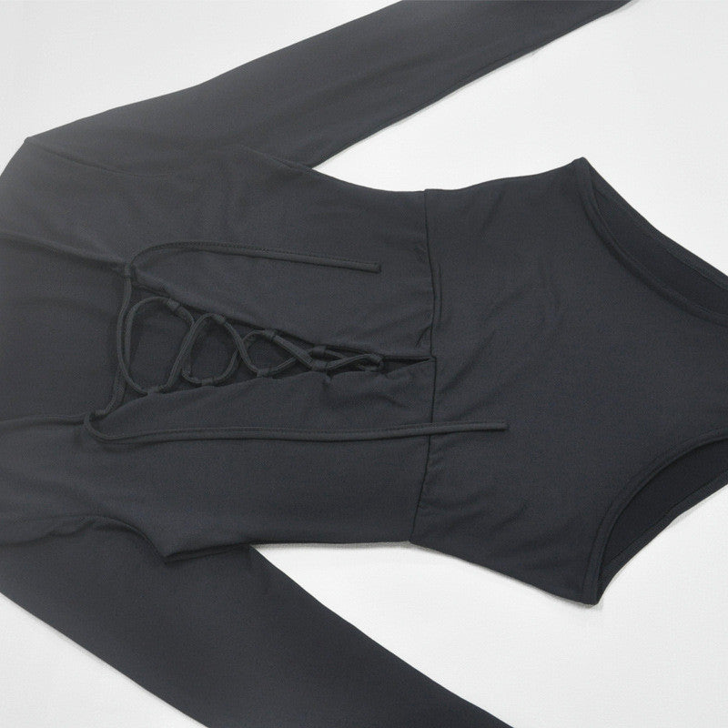 Deep V-neck Lace Up Long Sleeve Triangle Short Jumpsuit