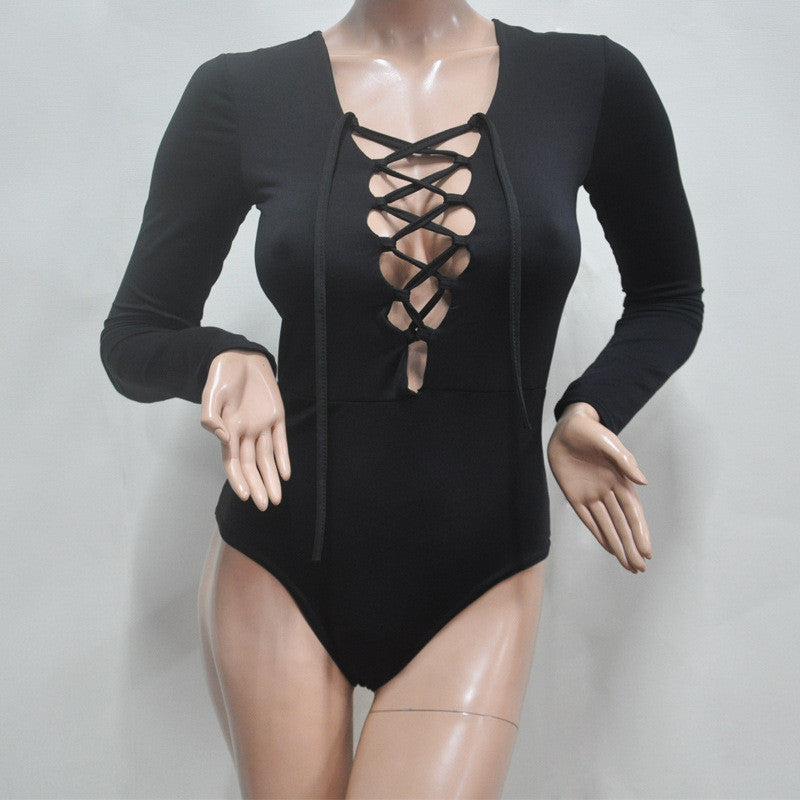 Deep V-neck Lace Up Long Sleeve Triangle Short Jumpsuit