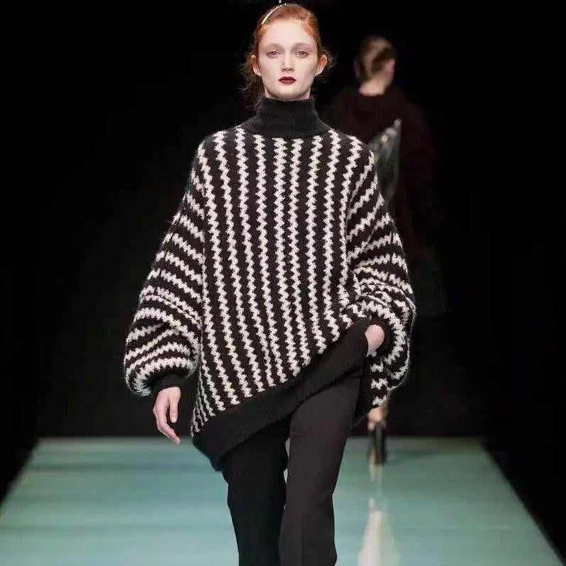 Wavy Lines Balloon Sleeve Pullover Half High Collar Sweater