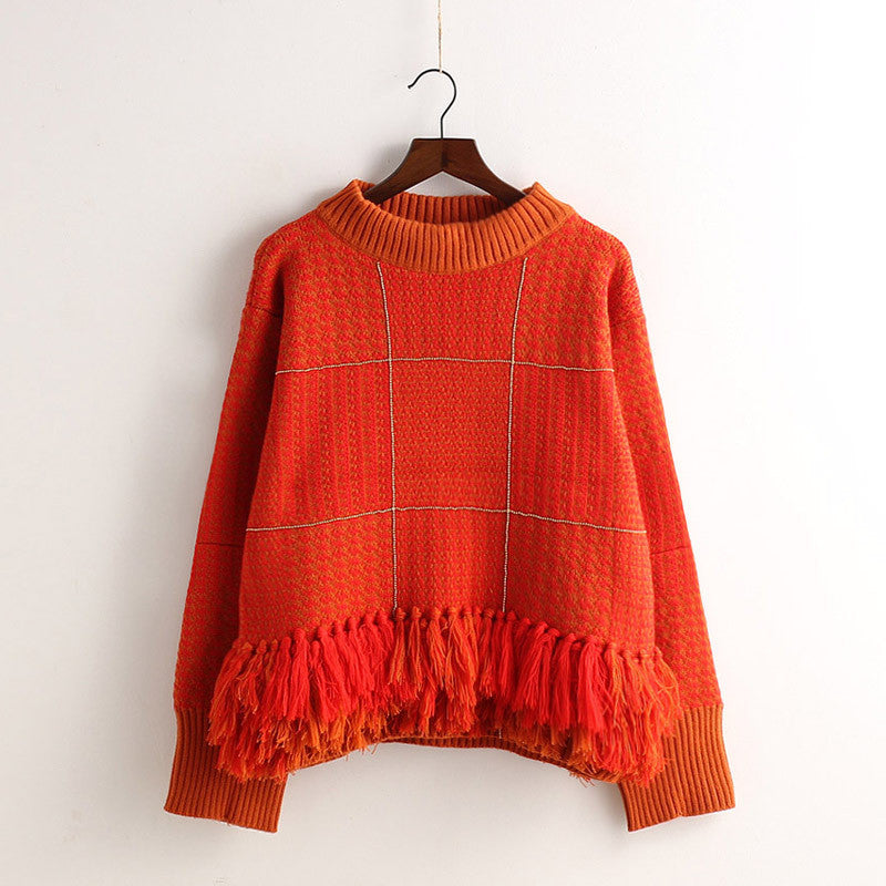 Flaid Tassels Pullover Knit Scoop Sweater