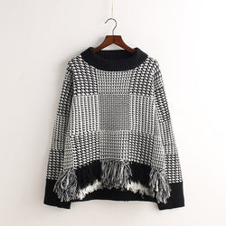 Flaid Tassels Pullover Knit Scoop Sweater