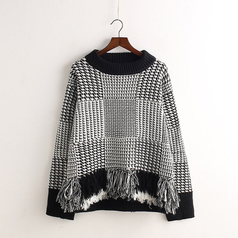 Flaid Tassels Pullover Knit Scoop Sweater