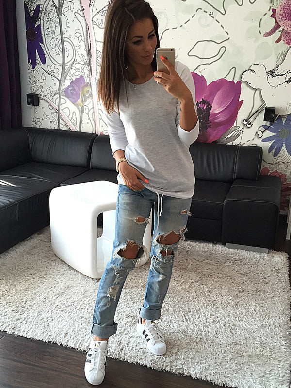 Patchwork Scoop Long Sleeves Slim Draw String Blouse