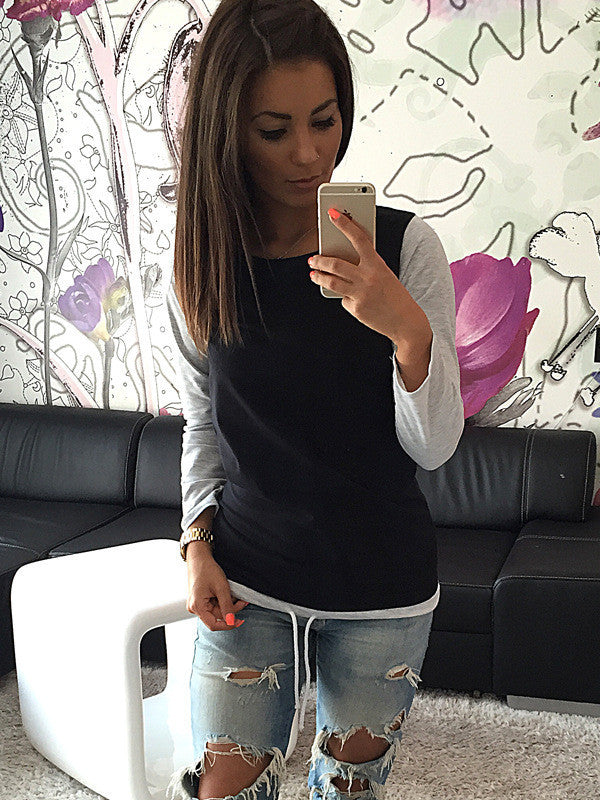 Patchwork Scoop Long Sleeves Slim Draw String Blouse